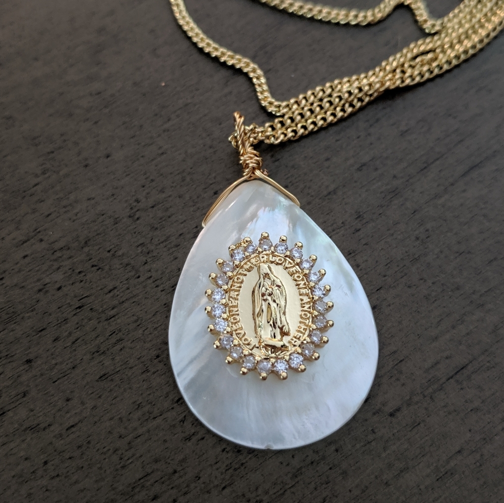 14K Mother Mary Pearl Shell Necklace